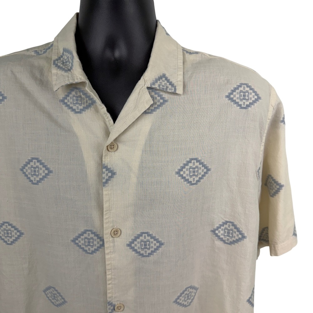 Folk Mens XL Short Sleeve Button‎ Down Shirt Cream Blue Geometric Diamond Cotton